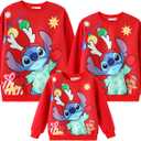 Disney family matching sweatshirt Stitch Mickey Spiderman print long sleeve winter Christmas mom dad kids loose fit red (X-Large)