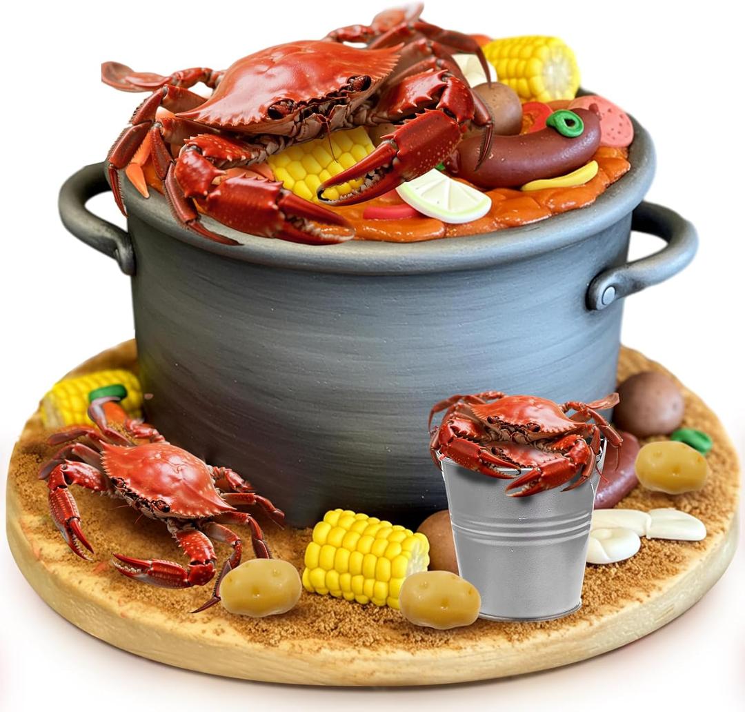Gemscream 9 Pcs Crab Cake Topper Crab Boil Party Decorations Supplies Plastic Potato Corn Metal Pail for Theme Birthday Festival Potluck