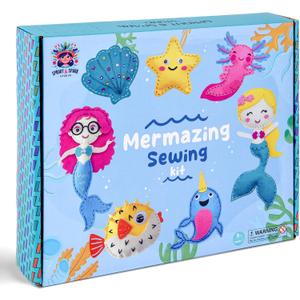 SPROUT & SPARK STUDIO Sewing Kit for Kids Ages 5+ | Crafts Toys for Girls with 7 Easy Felt Projects | Beginner Crochet & Knitting Starter Set | Mermaid Stuffed Dolls, Play & Learn DIY Art
