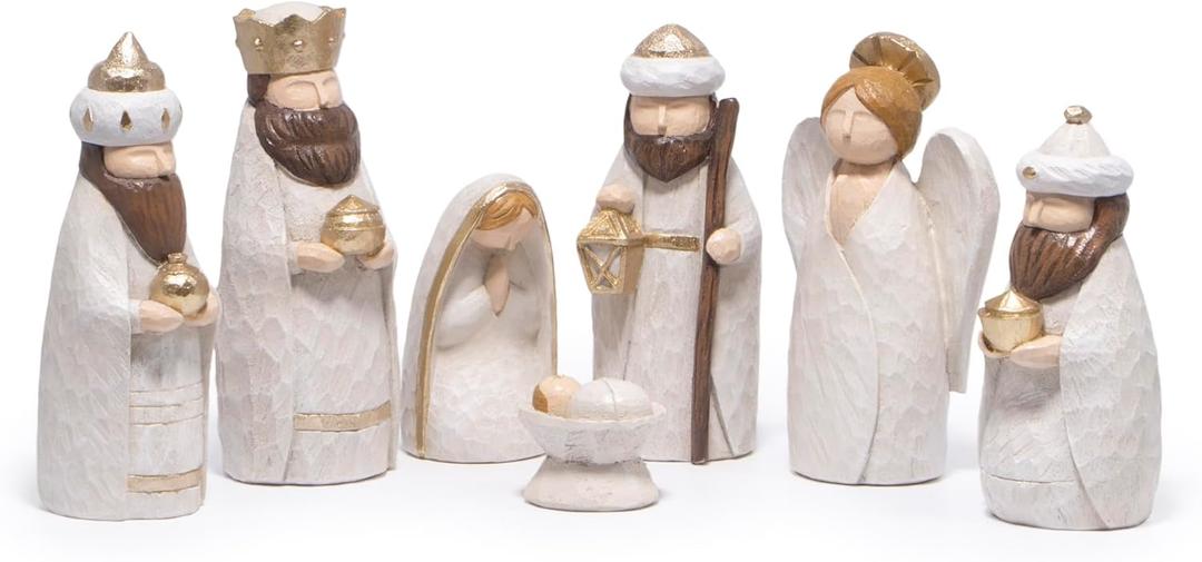 Hodao Nativity Figurines, 7-Piece Set – Hand-Painted Resin Holy Family, Wise Men, Angel & Manger, Indoor Christmas Home Tabletop Decor, Elegant White-Gold Ornaments, Gift for Families