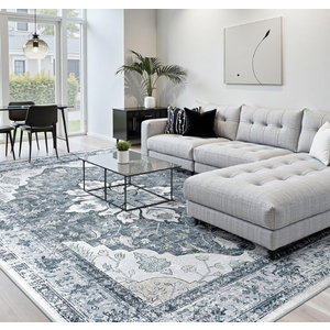 RELEANY Area Rugs 8'x10' Washable Non-Slip, Floral Vintage Distress Print Pattern Medallion Carpet for Living Room Bedroom Dining Room, Light Yellow Carbon Grey Orange