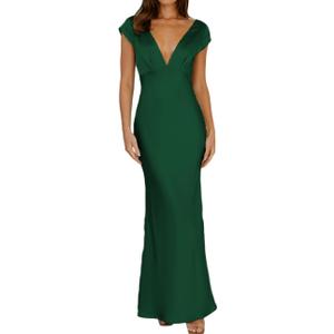 Halfisland Womens Summer Satin V Neck Cap Sleeve Backless Maxi Dress Elegant Twist Cut Out Midi Dresses Wedding Guest (Emerald), S