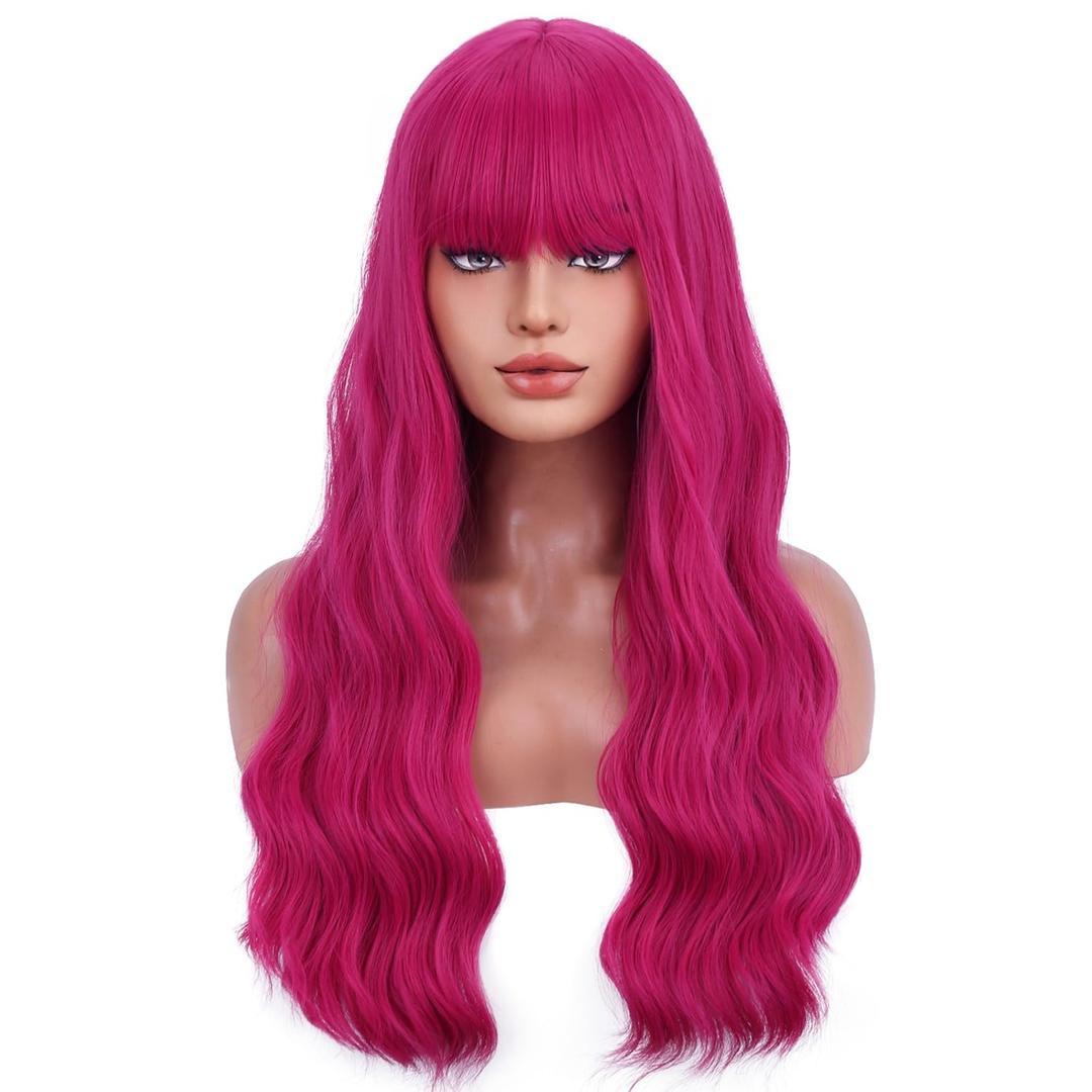 BERON 26 Inches Hot Pink Wig Long Curly Wig with Bangs Synthetic Wigs Rose Red Wigs for Women with Hairnet