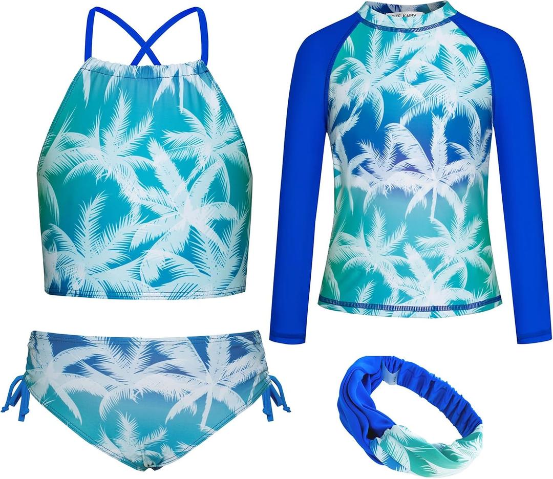 GRACE KARIN Girls Swimsuit Tankini Set Rash Guard Long Sleeve Swimsuit 4 Piece Bathing Suit Swimwear (10-12 Years, Royal Blue Coconut Tree)