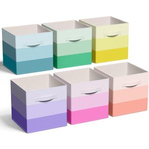 6 Pcs Fabric Storage Cubes Bins with Metal Handle 11 Inch Macaron Colored Striped Style Collapsible Bins Cube Storage Organizer for Clothes Books Kids Room Closet and Toys