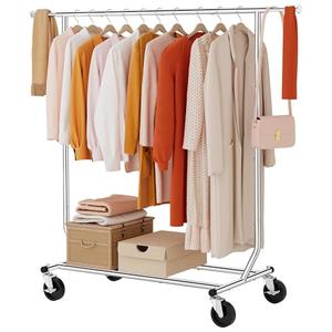Tajsoon Clothing Rack Heavy Duty Clothes Racks Foldable Garment Rack with Wheels and Extendable Rod, Collapsible Clothing Rack Max Capacity 250lbs, Industrial Rolling Racks with Bottom Shelf, Chrome