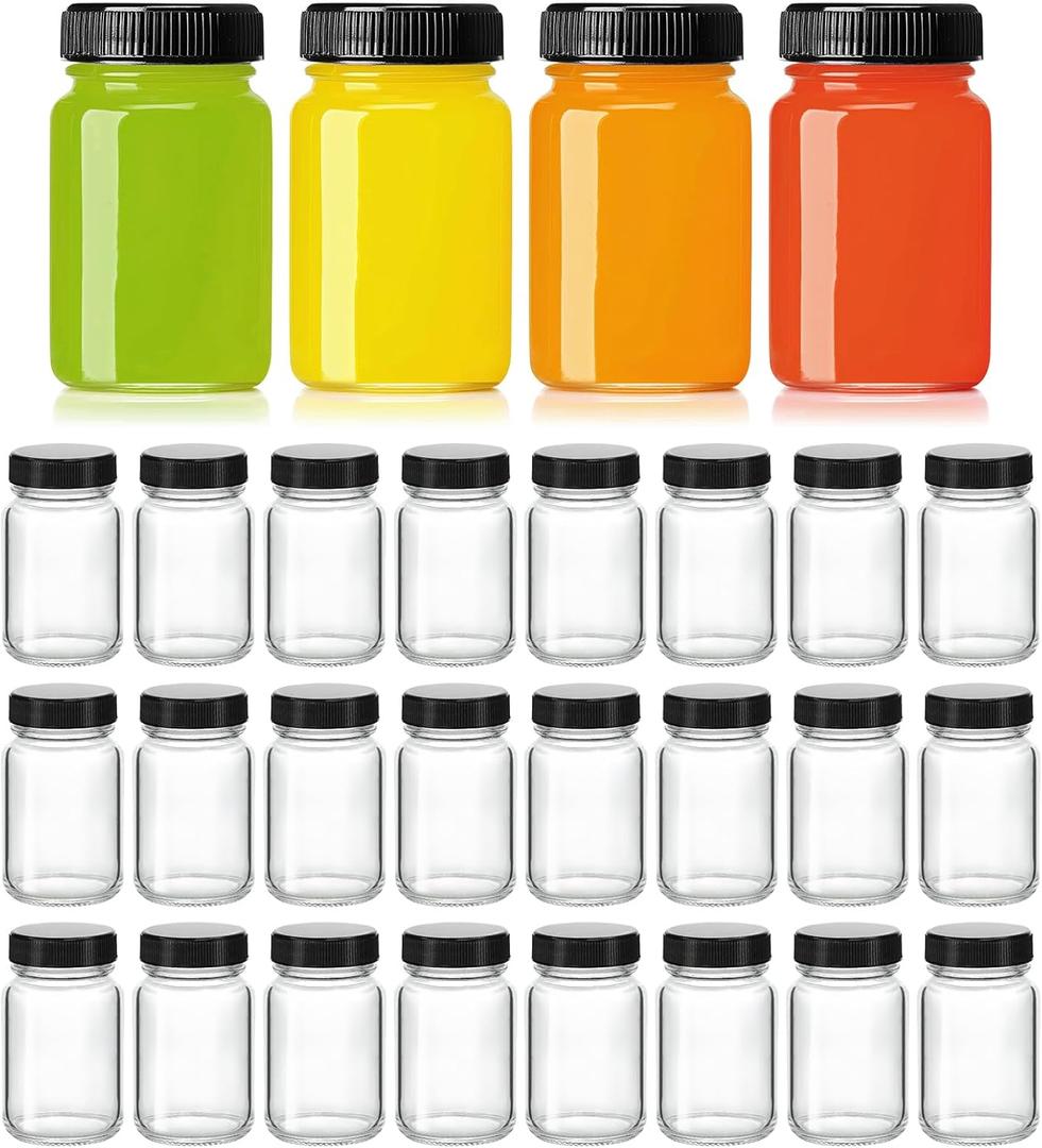 KEYWING 28 Pack 2oz Glass Shot Bottles with lids - Small Clear Jars for Ginger, Wellness Shots, Juice, Whiskey - Travel mini Reusable Wide Mouth bottles- Leakproof, Dishwasher Safe