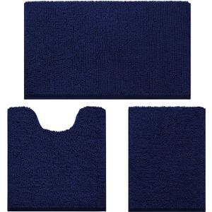 HOMEIDEAS 3 Pieces Bathroom Rugs, Ultra Soft Non Slip Absorbent Chenille Toilet Bath Mat Set (Navy Blue) (17"x24"+20"x32"+U Shape 20"x24")