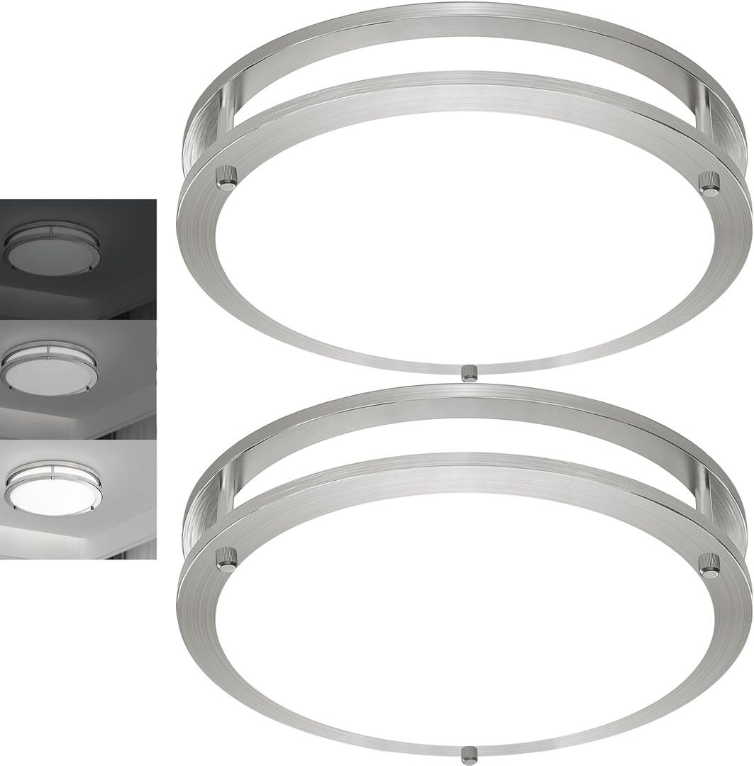 2 Pack 36W Ceiling Light Fixture Brushed Nickel, 13in LED Ceiling Light, Flush Mount Light Fixture No Flicker, 5000K Ceiling Lights for Bedroom Bathroom Stairwell Kitchen Super Bright 3600 LM (13inch 2pack, Silver)