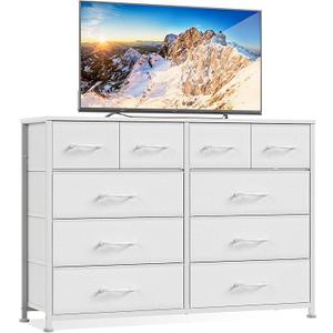 Furnulem Bedroom Dresser White for 55”Long TV Stand Entertainment Center Dressers & Chests of Drawers, 10 Storage Fabric Drawer, Sturdy Metal Frame Tall Storage Cabinet for Living Room, Entryway