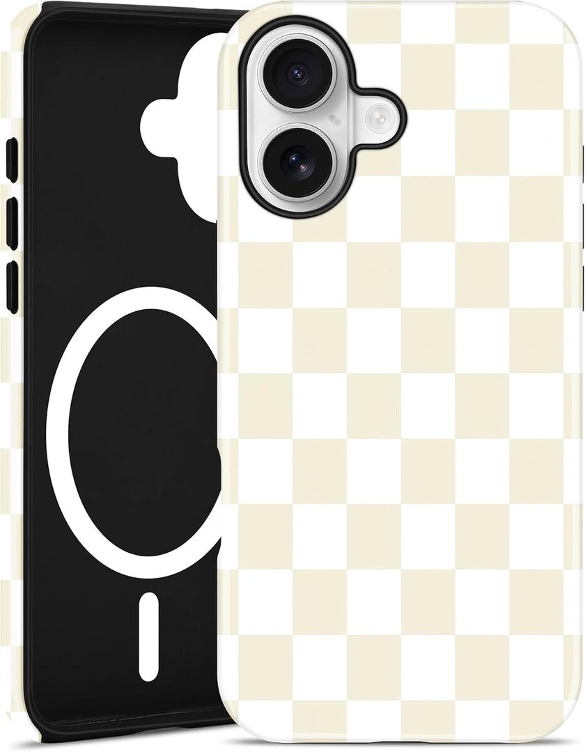 Jusy Compatible with MagSafe Checkerboard Case for iPhone 17, Cute Aesthetic Checkered Magnetic Phone Case, Soft TPU and Hard PC Protective Phone Cover for Women GirlsMatte - Beige