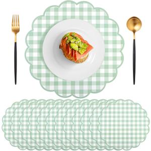 60 Pcs Sage Green Gingham Paper Placemats,13.5 Inch Scalloped Checkered Place Mats Disposable Placemat Decorative Paper for Table Setting BBQ Baby Shower Wedding Bridal Banquet Tea Party