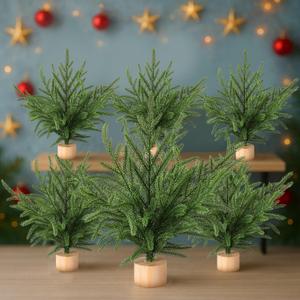 Soulchen 6 Pcs Artificial Norfolk Pine 12'' Mini Tabletop Tree Bough Decor Christmas Norfolk Branch Faux Stem Village Desk with Base for Christmas Decorations Indoor Home Dining Table