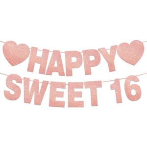 Happy Sweet 16 Banner for Party Decorations Sweet 16th Party Birthday Decorations for Girls Pre-Strung Rose Pink Glitter Sweet Banner