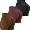 VVX 3 Piece Workout Shorts Womens Seamless High Waist Butt Lifting Scrunch Yoga Gym Shorts (Medium, Black/Brown/Winecolor) 