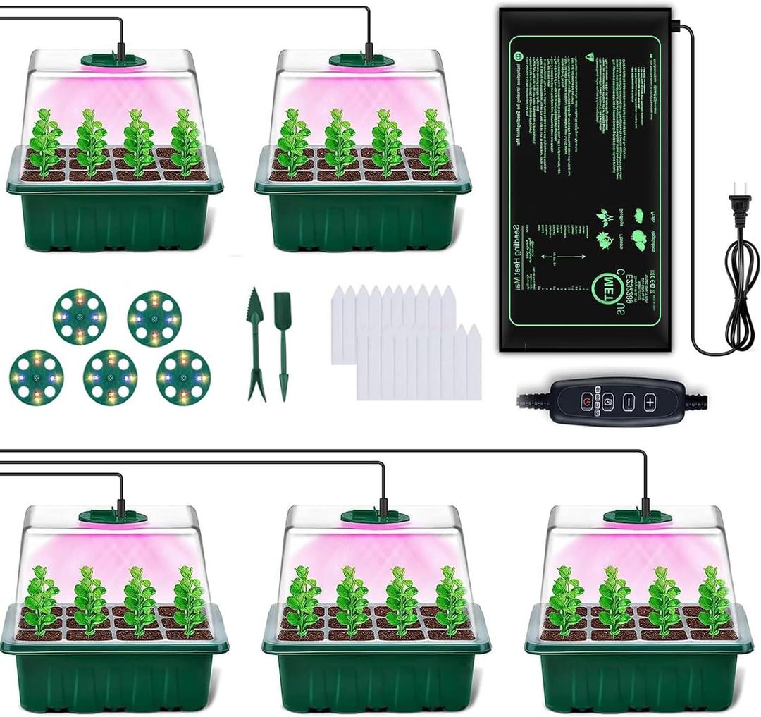 FINEST+ Seed Starter Tray with Heat Mat and Grow Light,5 Pack Seedling Starter Trays with Time Controller,Seedling Starter Tray with Adjustable Brightness,Seed Starting Kit with Adjustable Humidity