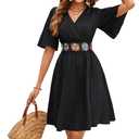 LightlyKiss Women's Black V-Neck Bell Sleeve Dress with Embroidered Belt Summer Beach Wedding Guest Party Cocktail Evening A-Line Vacation Dresses (Black, XXL)