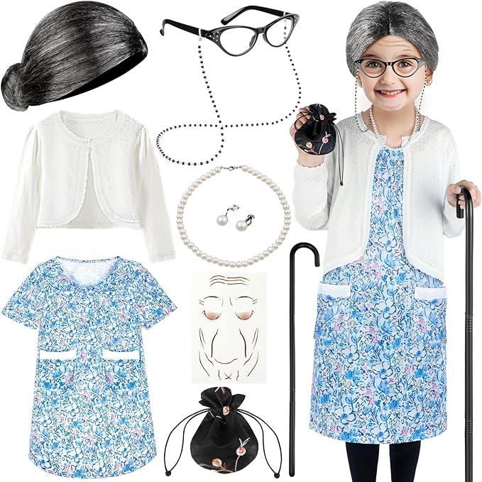 Luucio Old Lady Costume for Kids, 100th Day of School Costume for Girls with Grandma Costume, Kids Old Lady Costume for Kids, Medium
