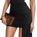 JUMISEE Womens Elegant Irregular Ruched Mini Dress Flowy Ribbon Bodycon Cocktail Dress Sexy Pleated Formal Dresses (Black), XL