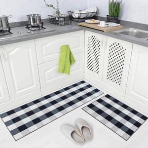 Carvapet 2 Piece Non-Slip Kitchen Rug TPR Non-Skid Backing Mat for Doorway Bathroom Runner Rug Set, Buffalo Plaid Check Design (17"x48"+17"x24") (Black & White Buffalo)