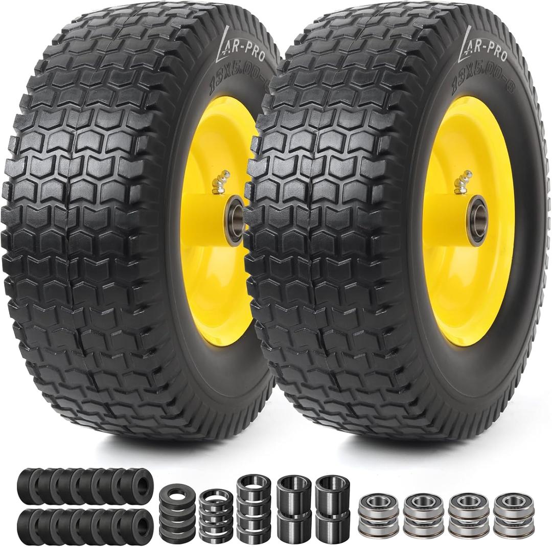 AR-PRO (2 Pack) 13x5.00-6 Flat Free Front Tire and Wheel Assembly, Solid Riding Lawn Mower Wheels, 3"-6" Offset Hub (Adjustable), 3/4"&5/8"&1/2" Bearing, 400 lb Load (Yellow)