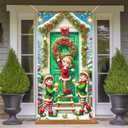 BlissYard Christmas Door Decorations 71x35 inch Elf Door Cover Banner Holiday Backdrop with Wreath Snow Trees and Ornaments for Front Porch Christmas Party Winter Entryway Photo Prop Decor