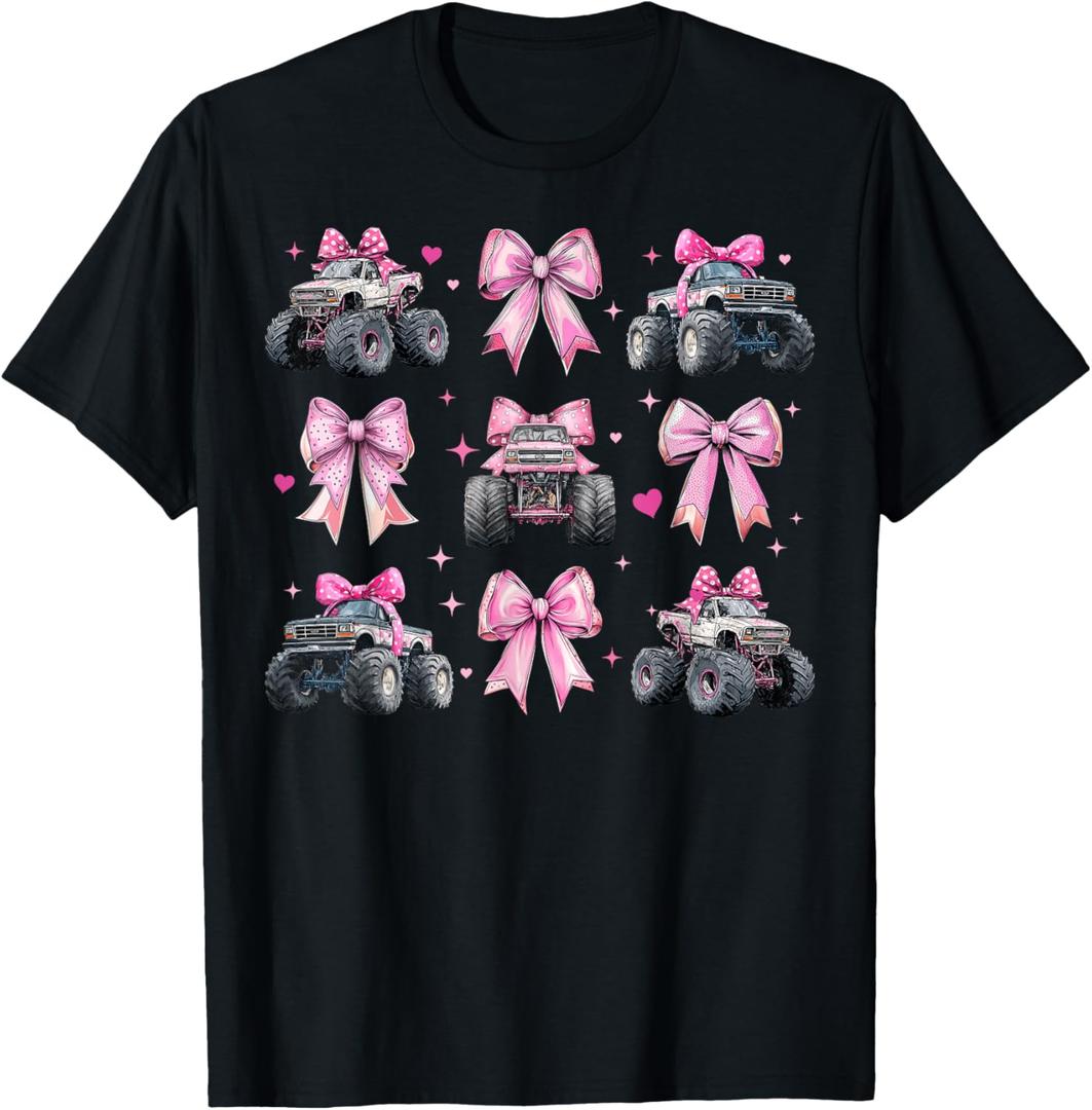 Monster Truck 4 Wheeler Offroad Girl Coquette Bow Pink Mom T-Shirt (S, Black)