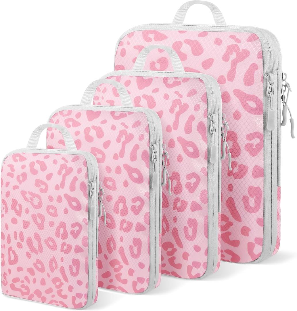 4-Piece Packing Cube Set - Lightweight Luggage Organizers for Travel, Vacation and Suitcases - Durable Accessories with Compression (Pink Leoparda)