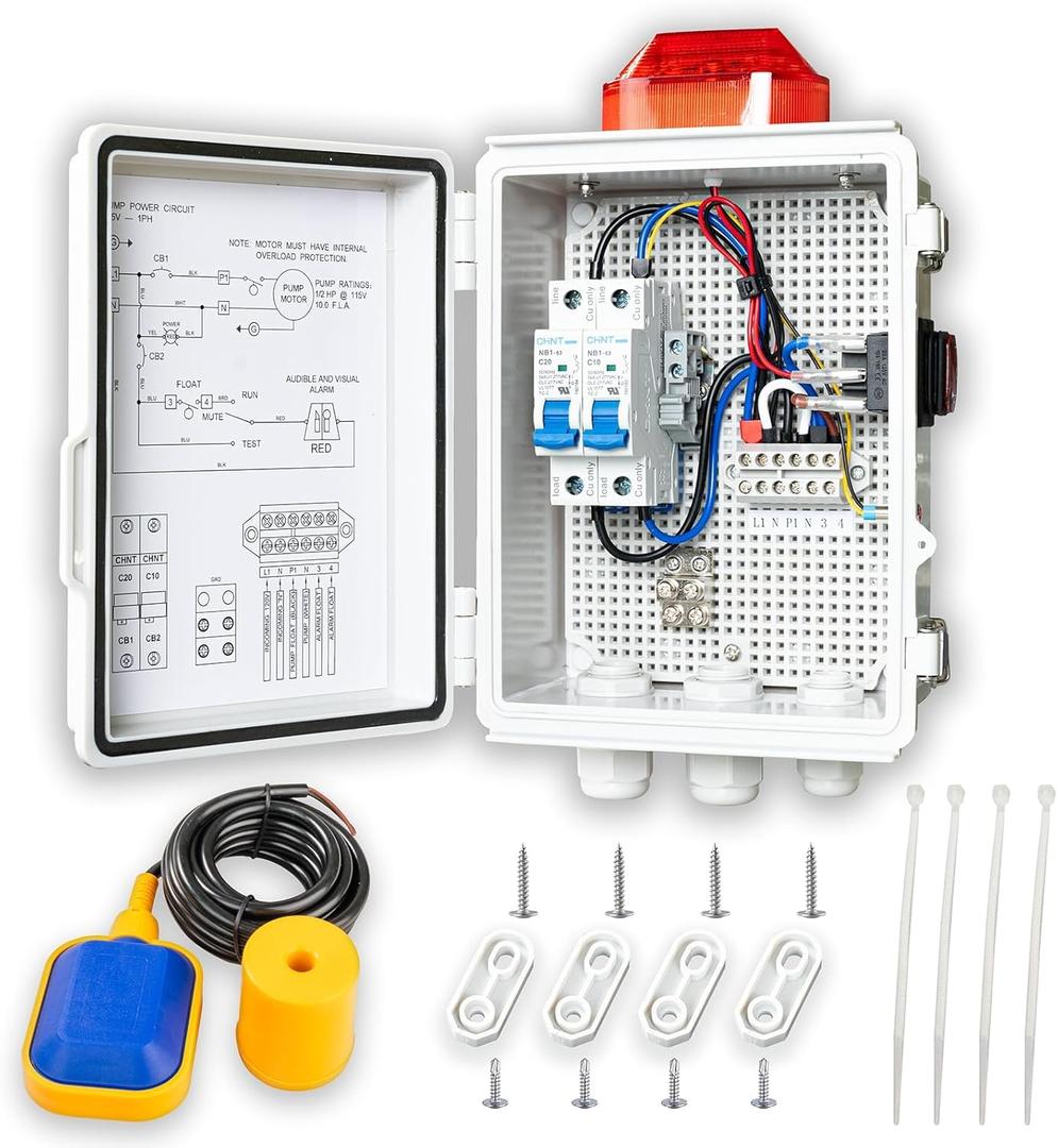 Upgraded Sump Pump Alarm - Smaller Size, Upgraded Mold, Multiple Granheads (M20*2, M16), Power Light - 110DB High Water Alarm for Sump, Septic, Pond & Tank