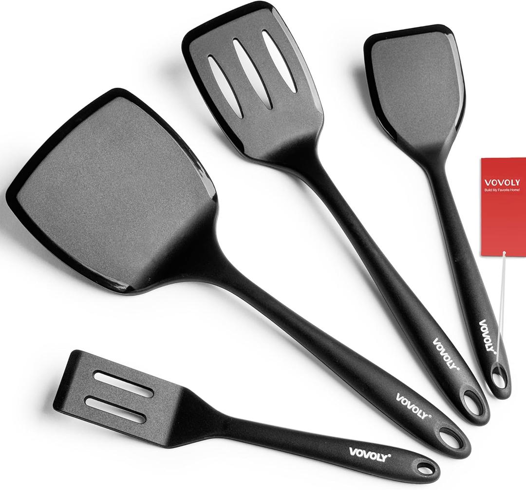 Silicone Spatula Set, 600F Heat Resistant Silicone Spatula Turner Flipper for Cooking, Non Stick and Non Scratch Kitchen Utensils for Eggs & Pancakes, 4 Pack, Black