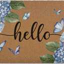 Blue Hydrangea Hello Door Mat, Floral Butterfly Artificial Coir Front Door Mat Indoor Outdoor Entrance, Welcome Farmhouse Summer Doormat Rug for Porch Entryway Patio Decor, 17X30 Inch
