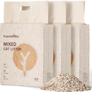 FUKUMARU Tofu Cat Litter, 18 LBS Clumping Cat Litter Flushable, Dust Free, Natural, Unscented, Lightweight, Low Tracking, Mixed Apple Wood, 24/7 Odor Control, 6lb x 3bags