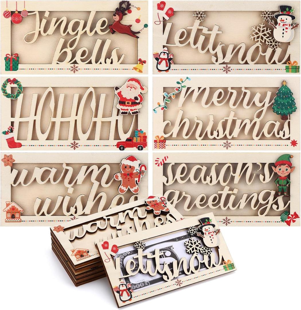 12 Pcs Christmas Money Holder for Cash Gift Wooden Christmas Money Box DIY Cash Envelope Wallet Xmas Greeting Card Holder Bulk for Xmas Decor Holiday Party Favors, 6 Styles(Classic)
