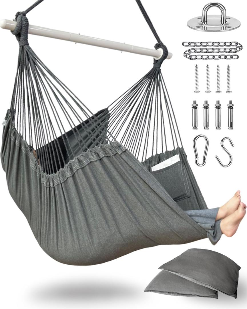 XXL Hammock Chair Hanging Rope Swing with 2 Cushions - Max 500lbs-Perfect for Patio, Porch, Bedroom, Backyard, Indoor or Outdoor - Includes Hanging Hardware Kits (Grey)