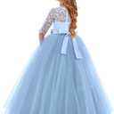 Girls Flower Vintage Floral Lace 3/4 Sleeves Floor Length Dress Wedding Party Evening Formal Pegeant Dance Gown, Size 170 (Blue)