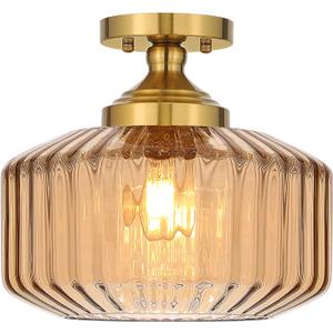 11.8in Semi Flush Mount Ceiling Light Fixture, Vintage Striated Glass Kitchen Lighting Fixtures Ceiling Mount for Entryway Hallway Bedroom Dining Room Bathroom Foyer Laundry (Amber)