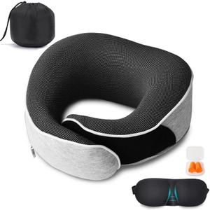 Neck Pillow for Travel, Airplane Memory Foam Plane Pillow Adjustable 12-18", Lightweight Breathable Flight Pillow with Pouch, Office & Car Use, Durable Washable Fabric Light Grey