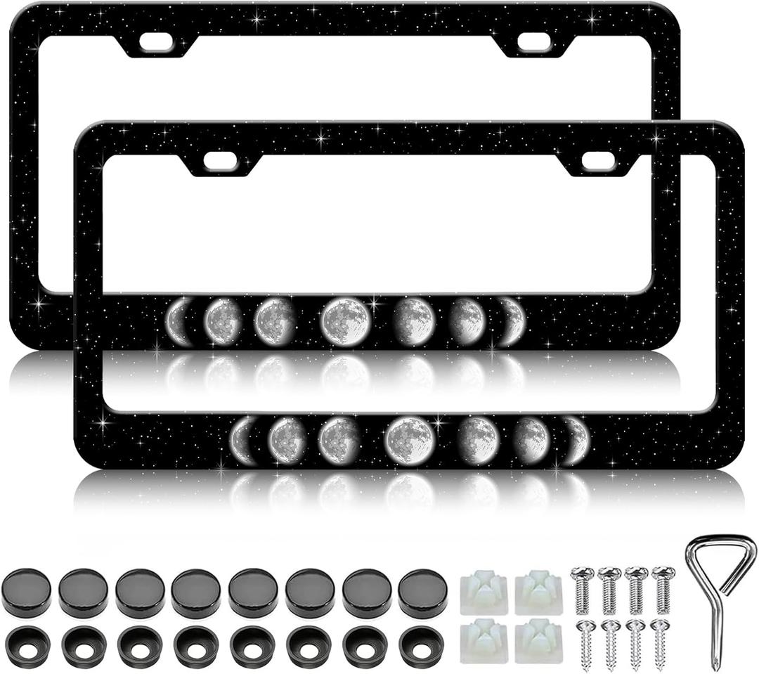 2Pcs Night Stars License Plate Frame Funny Stainless Steel Starry Sky License Plate Frames Auto Parts Decoration with Screws 2 Holes License Plate Holder for Men Women 12x6 Inch