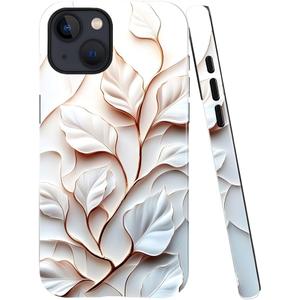 Case Compatible with iPhone 14,Glossy Hybrid 2-Layer Hard Shell,Shockproof Soft for Girl Women,White Leaf Bloom