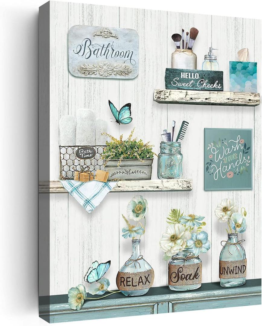 UUENPIH Farmhouse Bathroom Wall Art Prints Relax Soak Unwind Sign Wall Decor Vintage Flower Jars Wall Art Green Bathroom Painting Artwork Home Decor for Bathroom Framed Ready to Hang 16x24in
