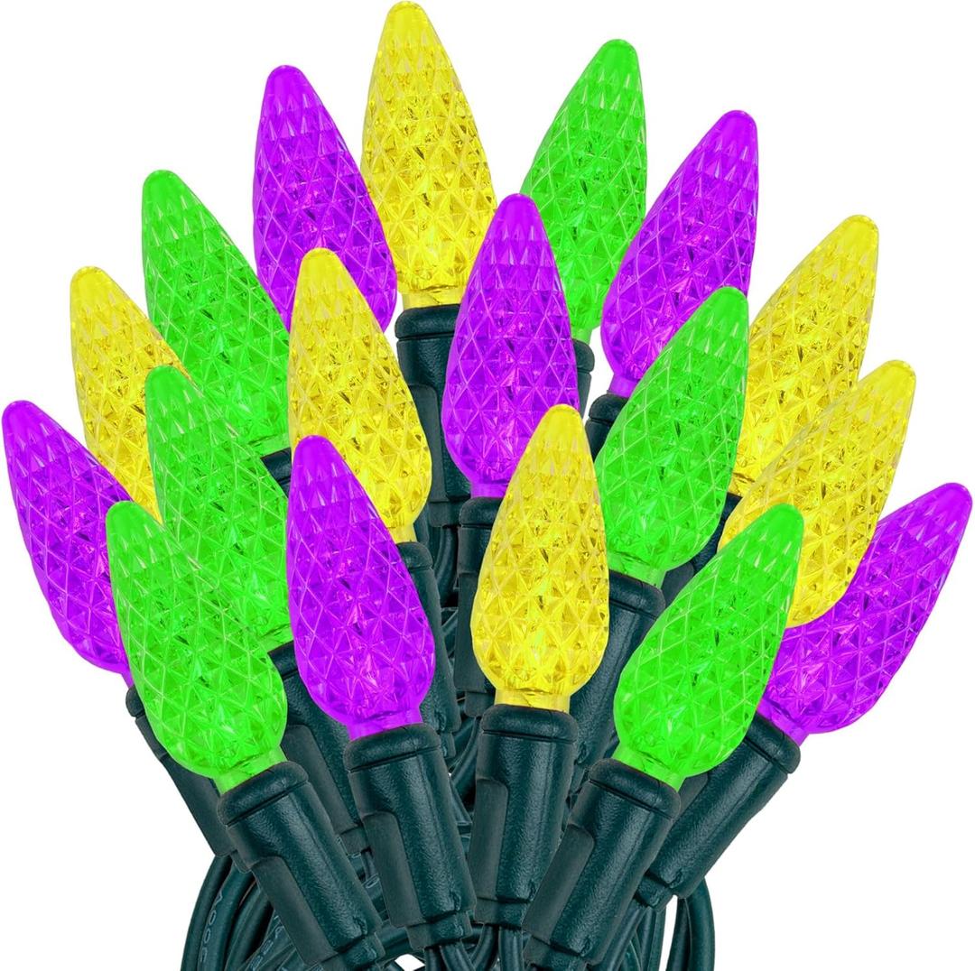 Novelty Lights 24FT 70 Light Purple Green and Yellow LED Mardi Gras Lights, C6 Bulbs, Connect up to 43 Sets, Indoor/Outdoor Use