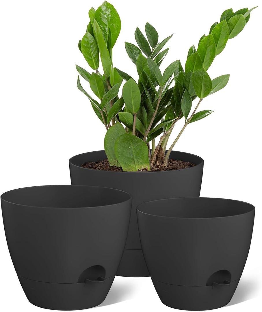 ZMTECH 9/10/12 Inch Self Watering Plant Pots with Watering Lip, Planters with Drainage Holes and Removable Saucer, Plastic Flower Pots for Indoor Outdoor Plants (3 Pack, Pure Black)