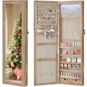 SONGMICS 6 LEDs Mirror Jewelry Cabinet, 47.2-Inch Tall Lockable Wall or Door Mounted Jewelry Armoire Organizer with Mirror, 2 Drawers, Christmas Gift, 3.9 x 14.6 x 47.2 Inches, Toasted Oak Color