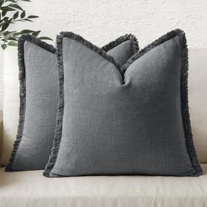 MIULEE Decorative Throw Pillow Covers Neutral Linen Fringe Throw Pillows Set of 2 Dark Grey Boho Farmhouse Cushion Covers with Tassels for Couch Sofa Bed Living Room Spring Home Decor 20x20 Inch