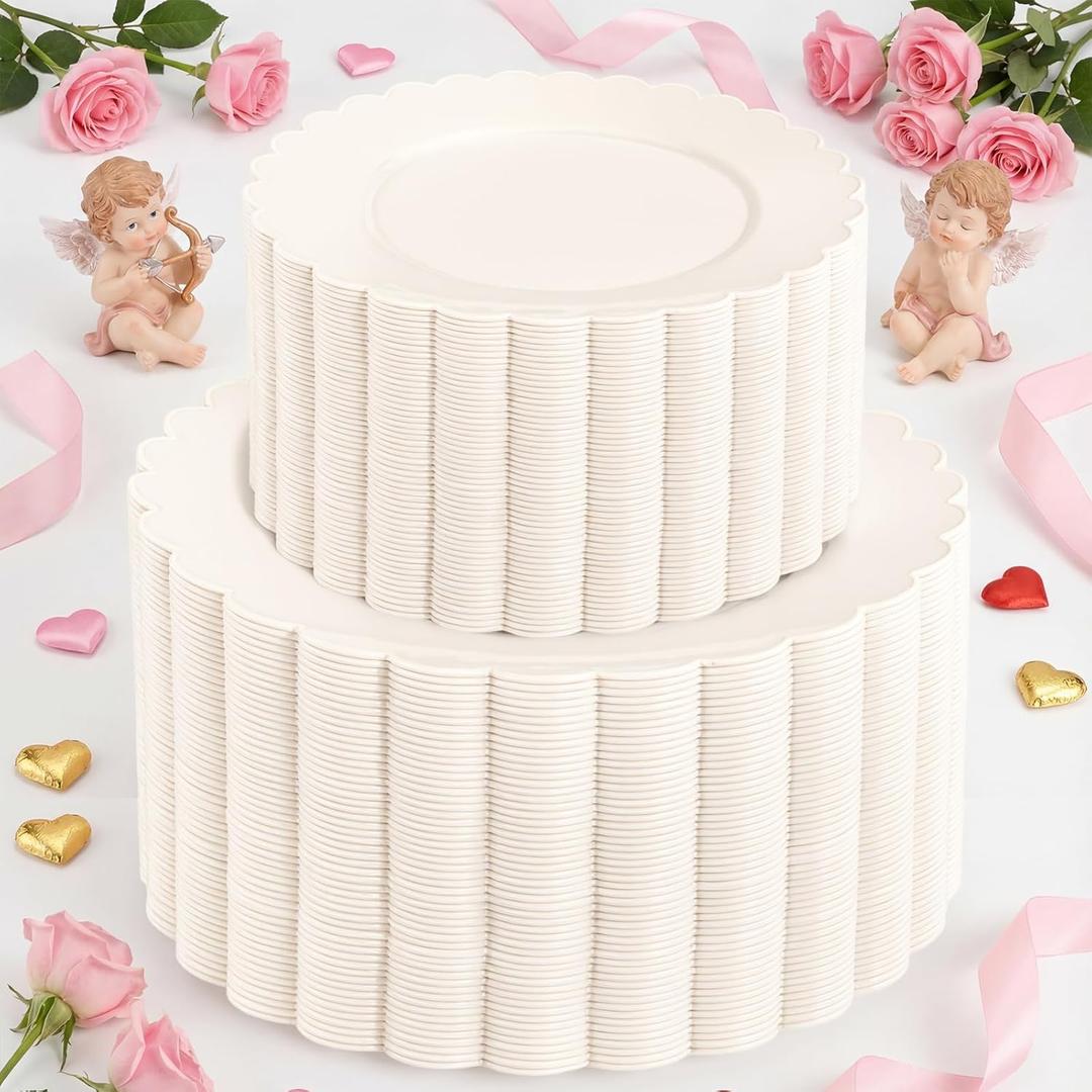 supernal 100pcs Ivory Plastic Plates Fancy Disposable Scalloped Plates for Party Heavy Duty for Party,Wedding,Brthdays Bridal Shower Plate Include 50 Plastic Dinner & Dessert Plate
