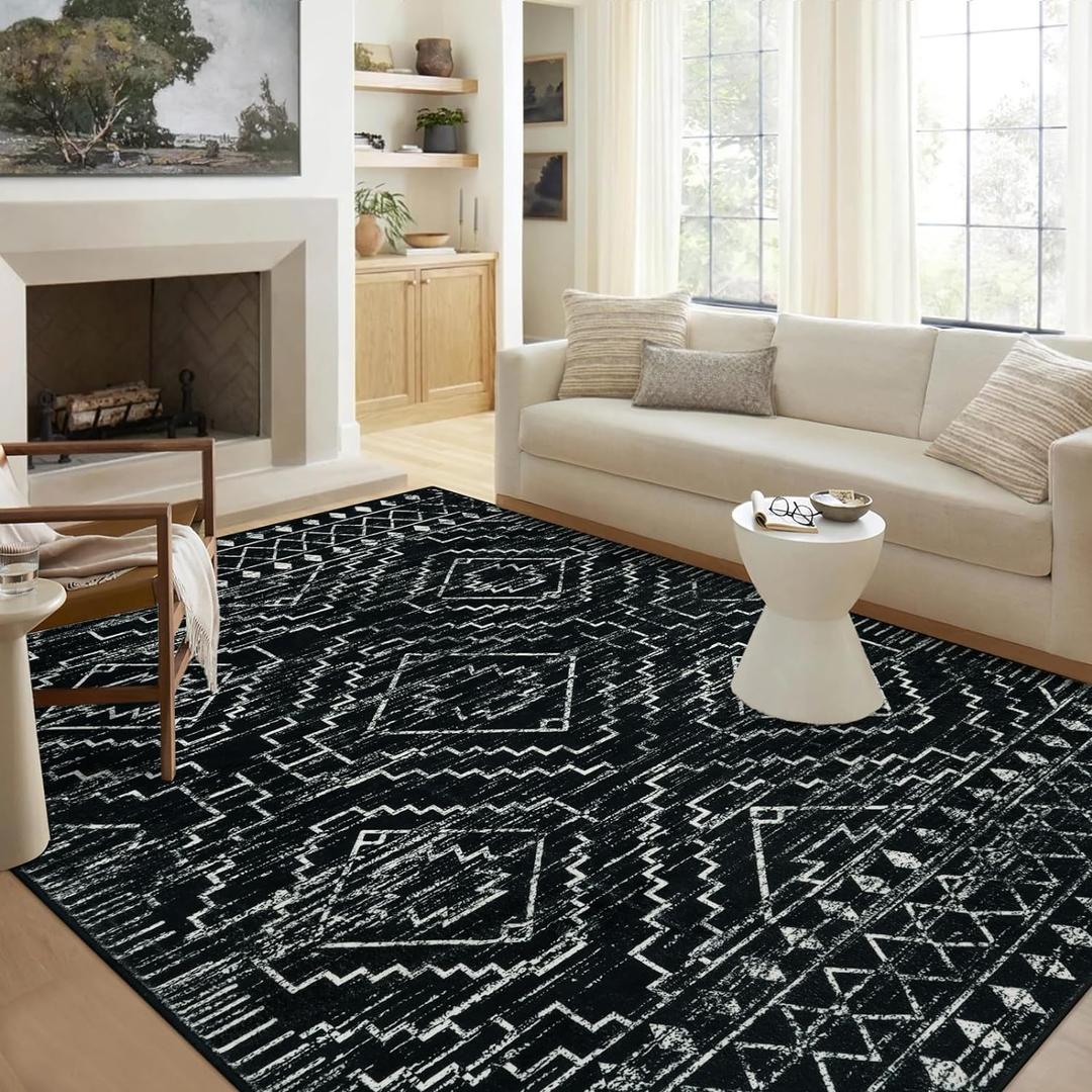Wonnitar Moroccan 8x10 Area Rugs for Living Room, Washable Large Black Rug for Bedroom, Non-Slip Soft Thin Stain Resistant Boho Tribal Floor Carpet for Dining Guest Room Office (Black,8'x10')