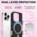 Magnetic for iPhone 15 Pro Max Case Cute Checkered Stripes Phone Case for Women Girls, Shockproof Slim TPU and Hard PC Protective Phone Cover Compatible with MagSafe Designed, Pink