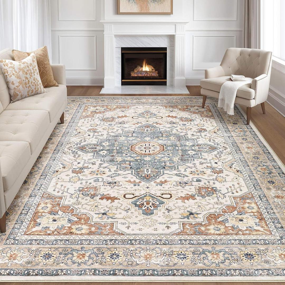 8'x10' Area Rugs Living Room: Washable Boho Large Neutral Vintage Soft Rug Stain Resistant Farmhouse Non Slip Indoor Floor Carpet for Bedroom Nursery Kids Playroom Office Dining Room- Beige Blue