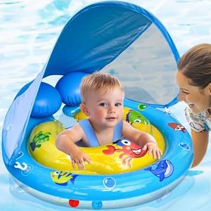 Baby Pool Swimming Float with Removable Canopy & Adjustable Seat - UPF50+ Sun Protection, Double Tail Airbag for Stability - Safe Pool Float for Infants Toddler 6-36 Months,Extra-Wide Baby Swim Ring