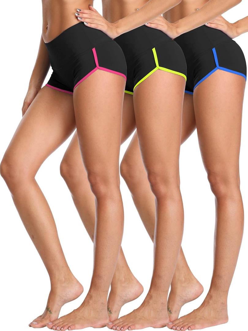 CADMUS Women's Workout Yoga Gym Shorts (Pack of 3:1301# Black (Blue) & Black (Rose) & Black (Red))